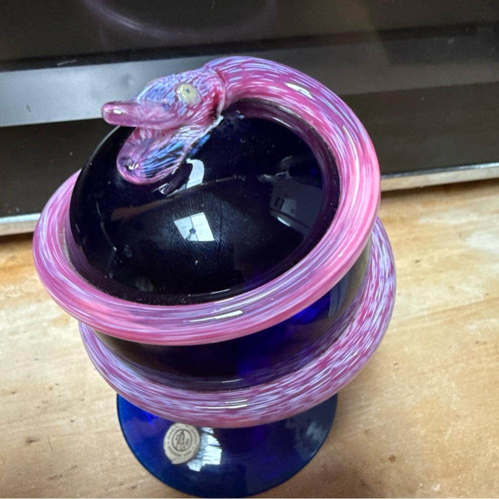 VTG MCM Bryden Pairpoint cobalt blue and pink snake paperweight, original tag